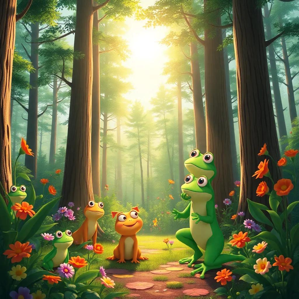 An echo of frog songs resonating among tall trees, the sun shining brightly, flowers swaying, and animals joined in joy, creating a beautiful and colorful forest party scene, harmonious and inviting, digital painting