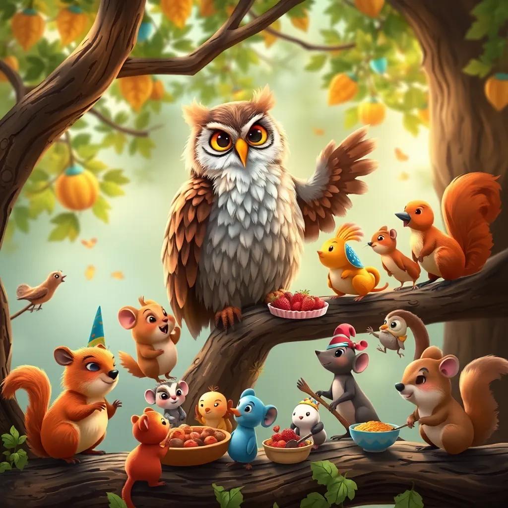 An old wise owl perched on a branch, suggesting to all the animals to celebrate together, with squirrels, birds, and mice bringing delicious food to share, detailed scene full of teamwork and harmony, colorful and warm