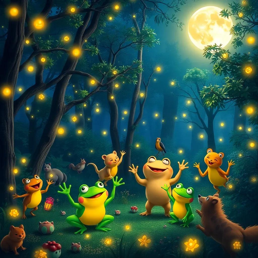 A magical night scene in the forest filled with glowing fireflies and animals dancing under a full moon, all celebrating together with frogs leading the joyful music, enchanting and cheerful atmosphere, highly detailed, vibrant colors