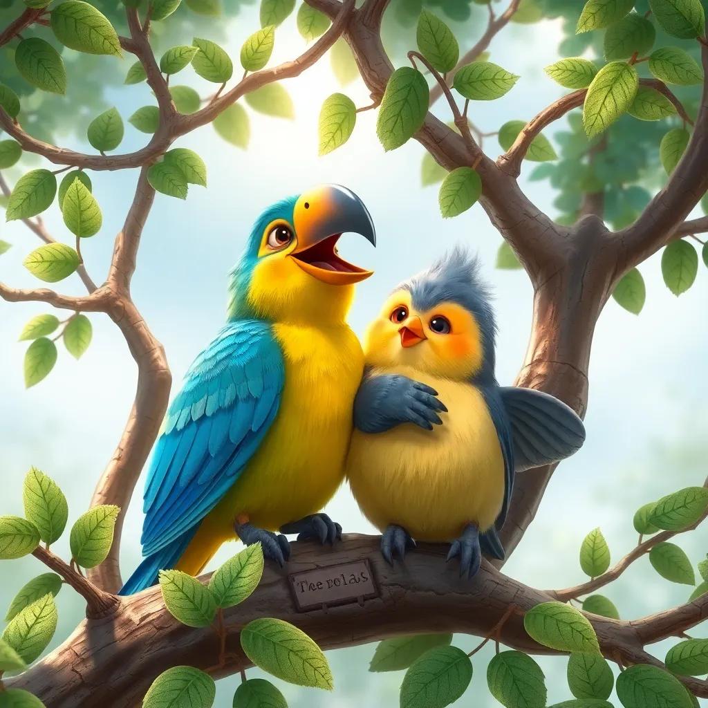 Un canario y un búho rodeados de árboles, el canario cantando alegremente y el búho moviendo sus alas al compás, detalles encantadores, ilustración animada