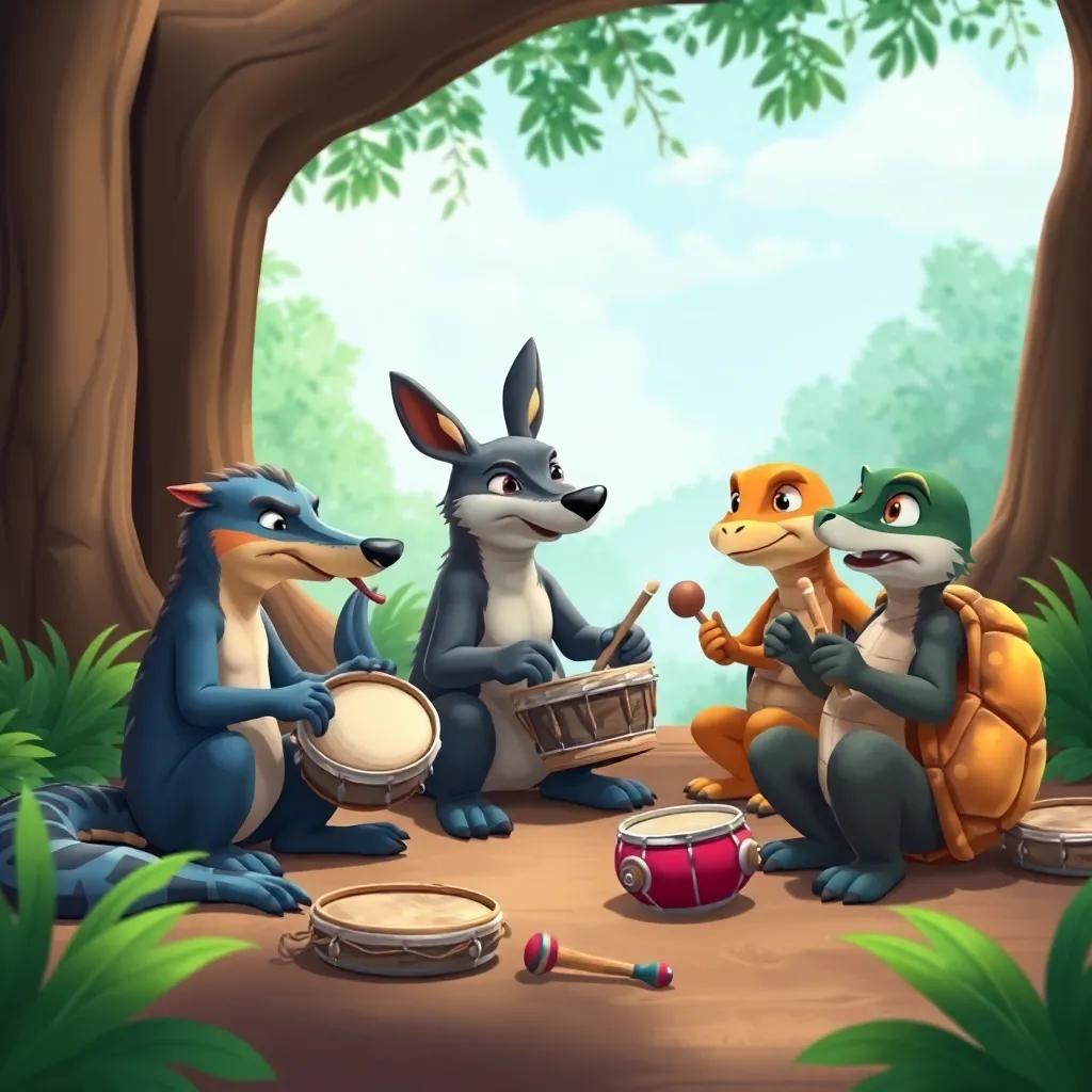 Animales del bosque como zorros, ciervos y tortugas preparando instrumentos musicales, tambores, flautas y maracas en un espacio abierto, estilo colorido y amigable, arte digital