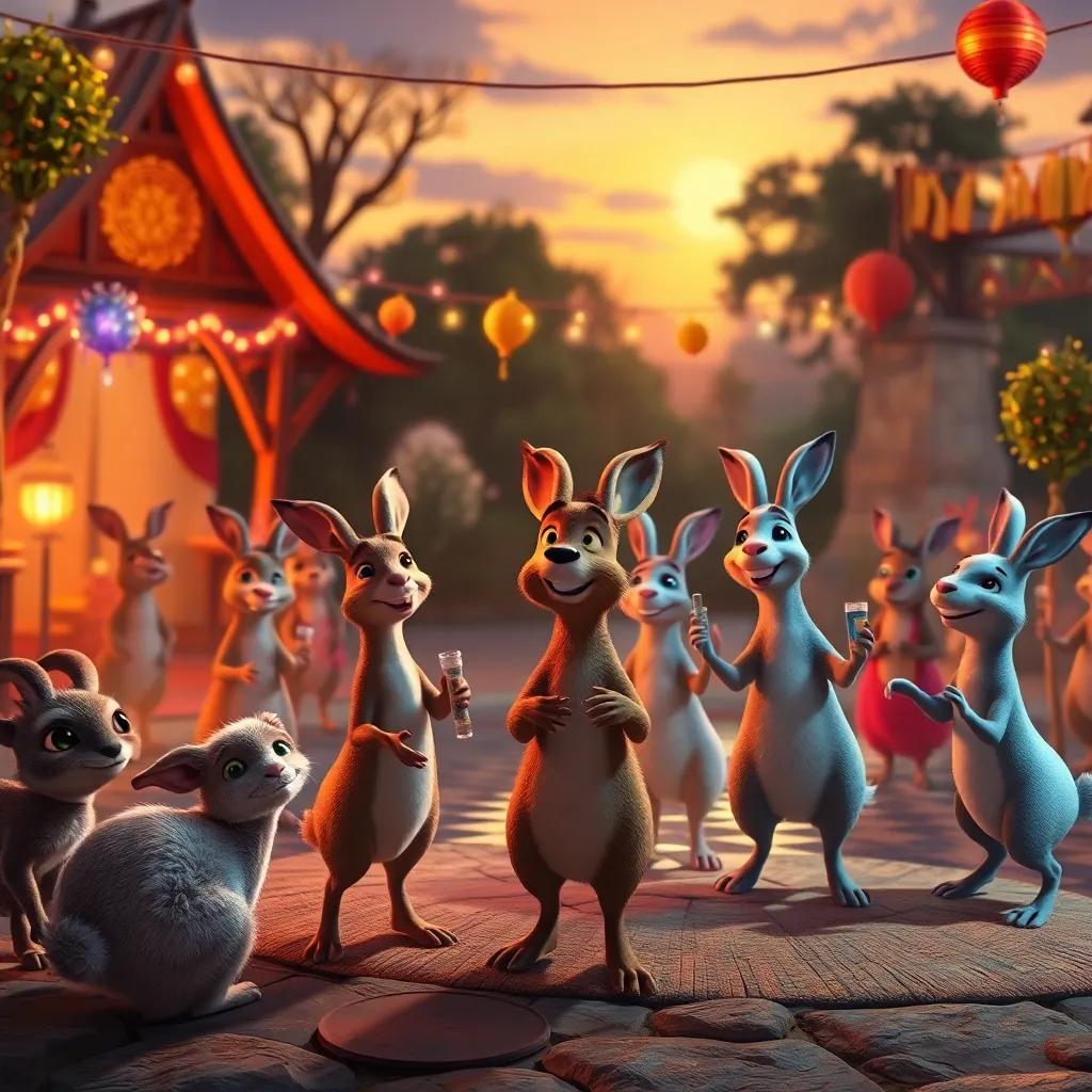 Un grupo de animales alrededor de un estanque al atardecer, las ranas cantando y todos bailando en una fiesta, decoraciones brillantes, ambiente cálido y festivo