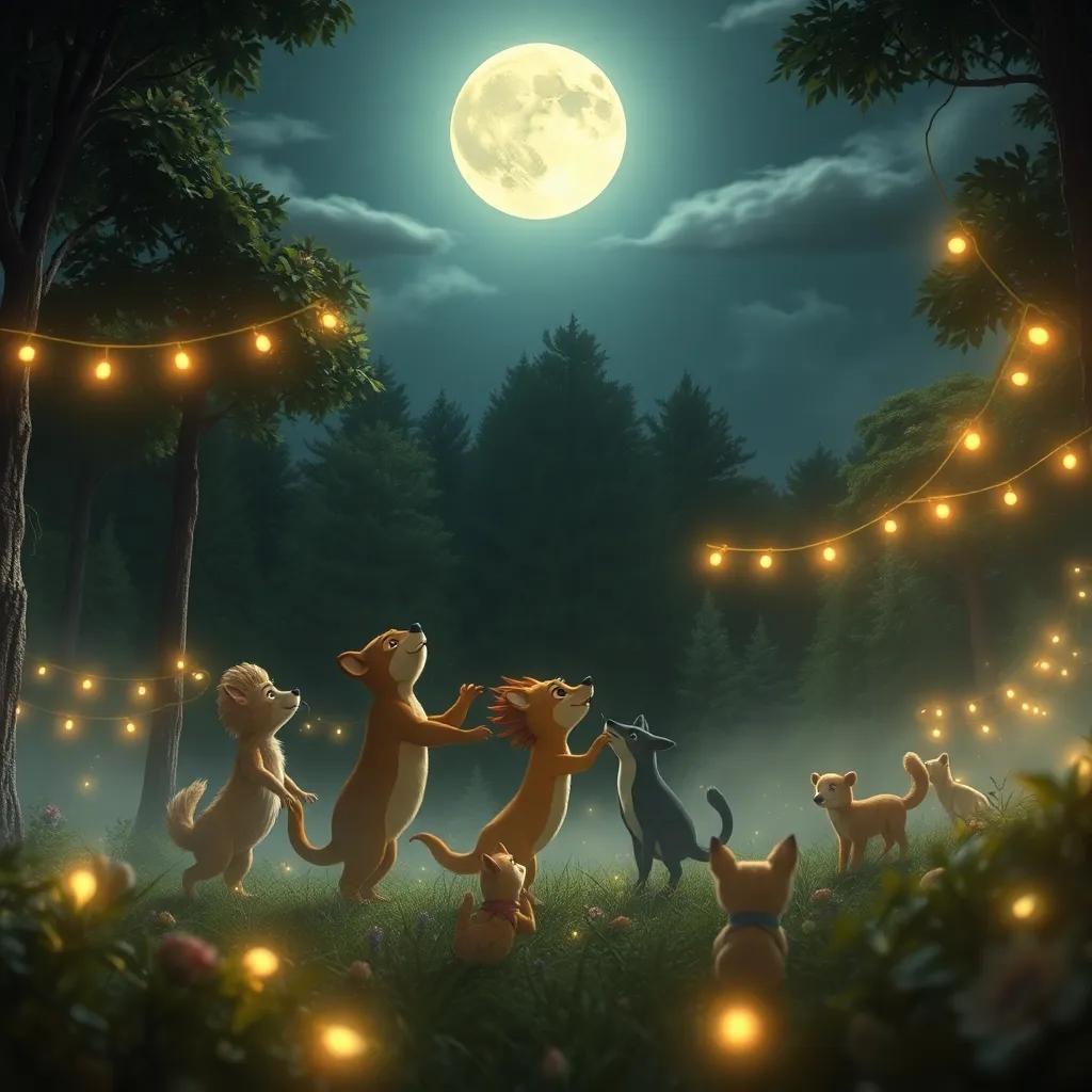 La luna brillando sobre el bosque, animales reunidos cantando y celebrando juntos, luces danzantes en el aire, imagen mágica y envolvente, arte detallado