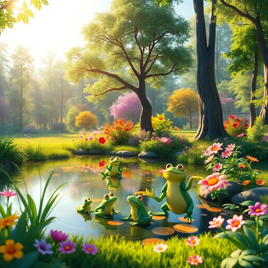 A bright forest in the morning, with a lively pond where frogs are singing joyfully, trees swaying with the rhythm, and colorful flowers dancing, digital art, vibrant colors, cheerful atmosphere, high quality