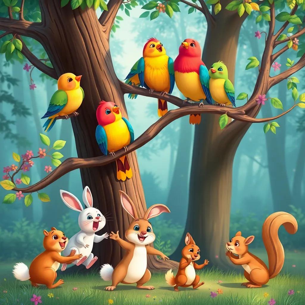 Colorful birds perched on a tree, singing harmoniously, rabbits hopping around joyfully, and squirrels playing, creating a cheerful scene in the forest, illustration, bright colors, lively, child-friendly