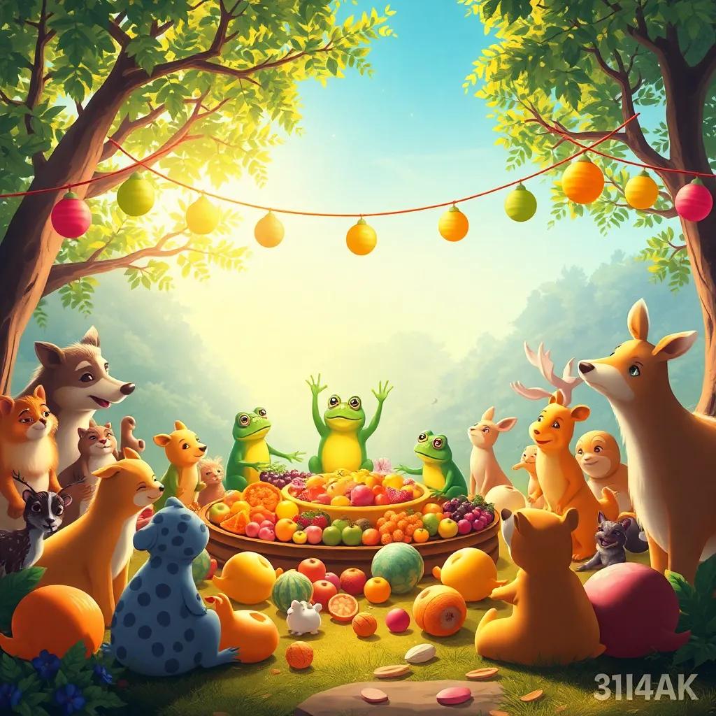 Animals gathered for a festival in a clearing, a beautiful spread of fruits and nuts, frogs being the stars singing, animals dancing around them in joy, digital painting, bright festival colors, warm light, heartwarming