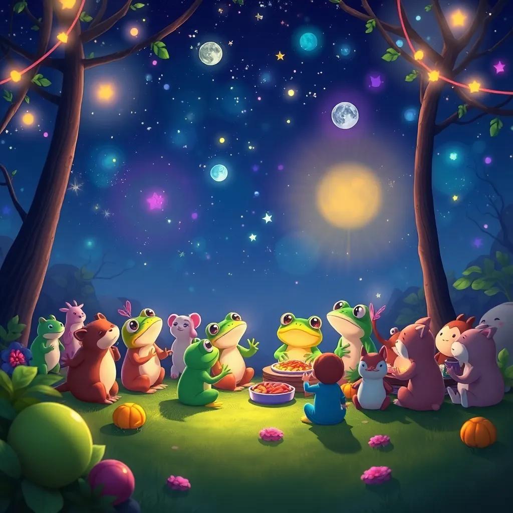 A magical night scene with frogs singing under the stars, all animals gathered, some dancing and some enjoying food, enchanting colors and soft glowing lights, illustration, vibrant night atmosphere, engaging