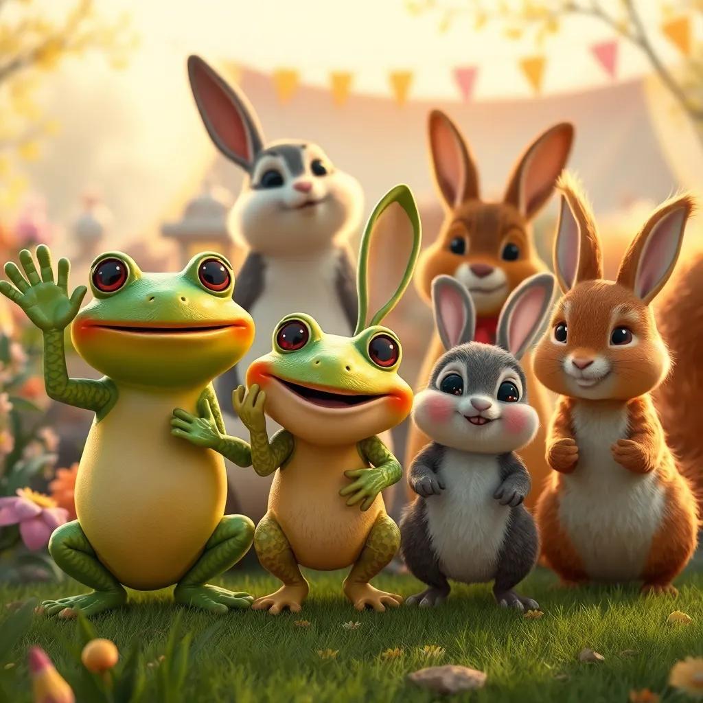 Animals bidding farewell after a joyful festival, frogs waving, smiles on the faces of rabbits and squirrels, creating a warm and friendly atmosphere, digital art, warm colors, joyful mood, heartwarming