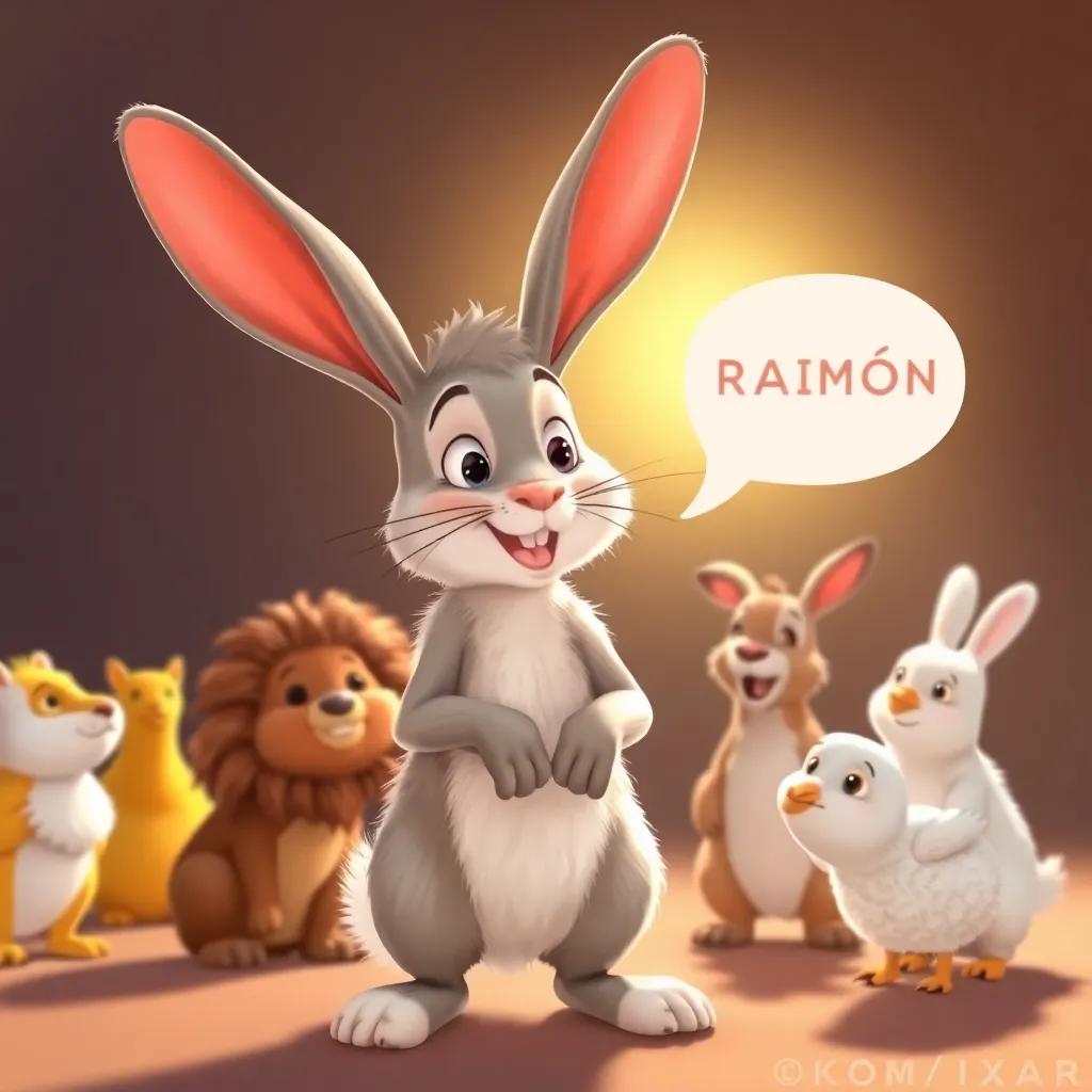 A rabbit named Ramón with large ears, standing on his hind legs, speaking to other animals, the sun illuminating his fluffy fur, friendly demeanor, illustration, warm colors