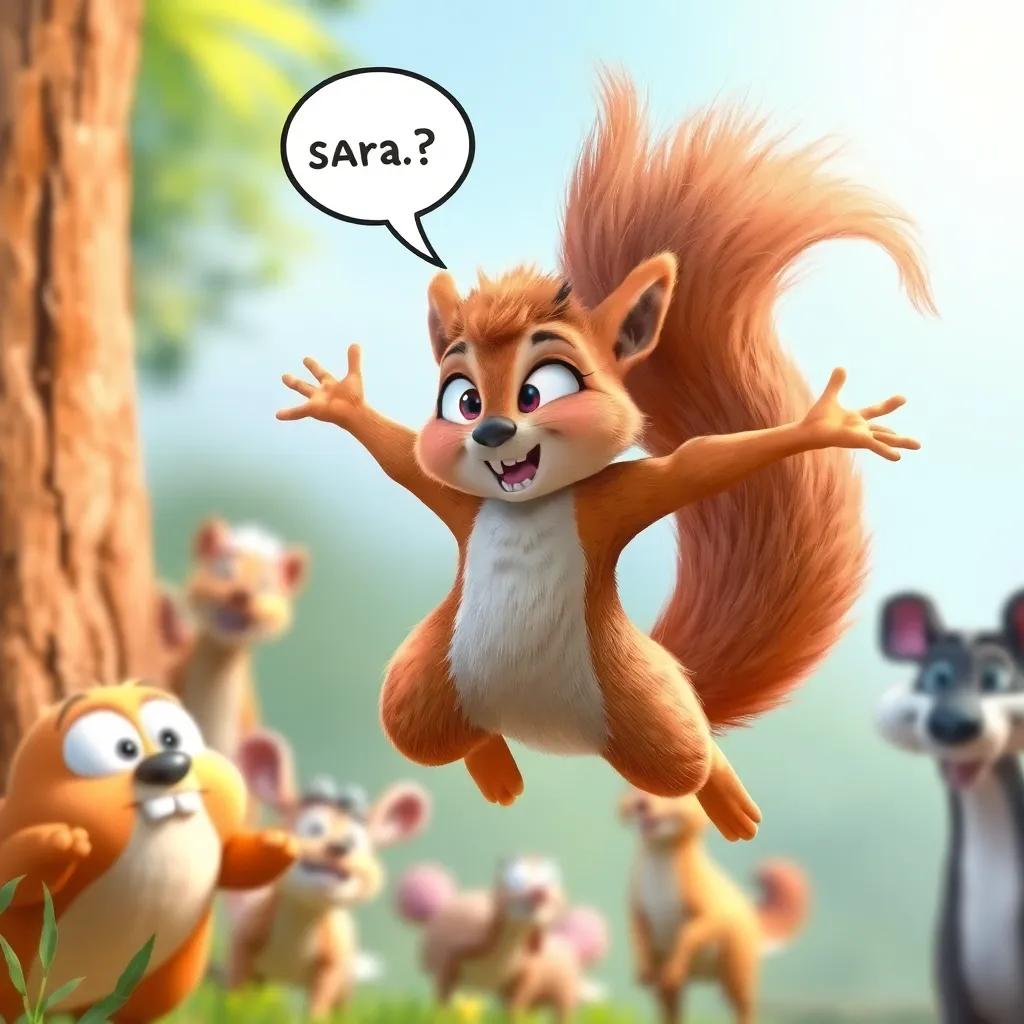 A squirrel named Sara jumping near Ramón, with bright fur and a determined look, expressing her thoughts, surrounded by other curious animals, engaging, colorful