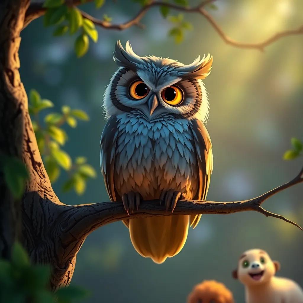 An old wise owl named Don Hugo sitting on a tree branch, looking down at the animals, wise eyes and feathers glowing in the sunlight, thoughtful ambiance, detailed