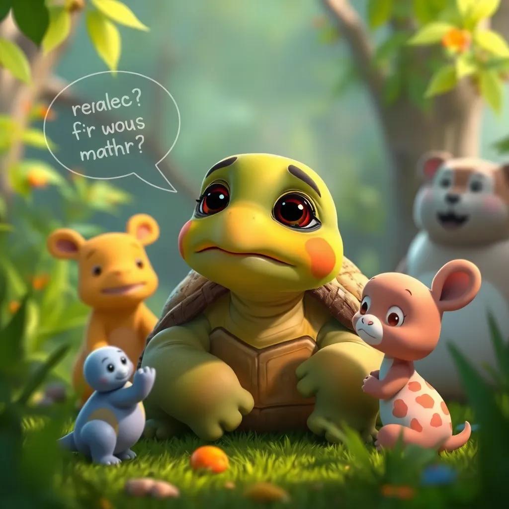 A turtle named Tomás slowly suggesting ideas, with a calm expression, other animals listening intently, surrounding nature vibrant and lively, comforting, cozy