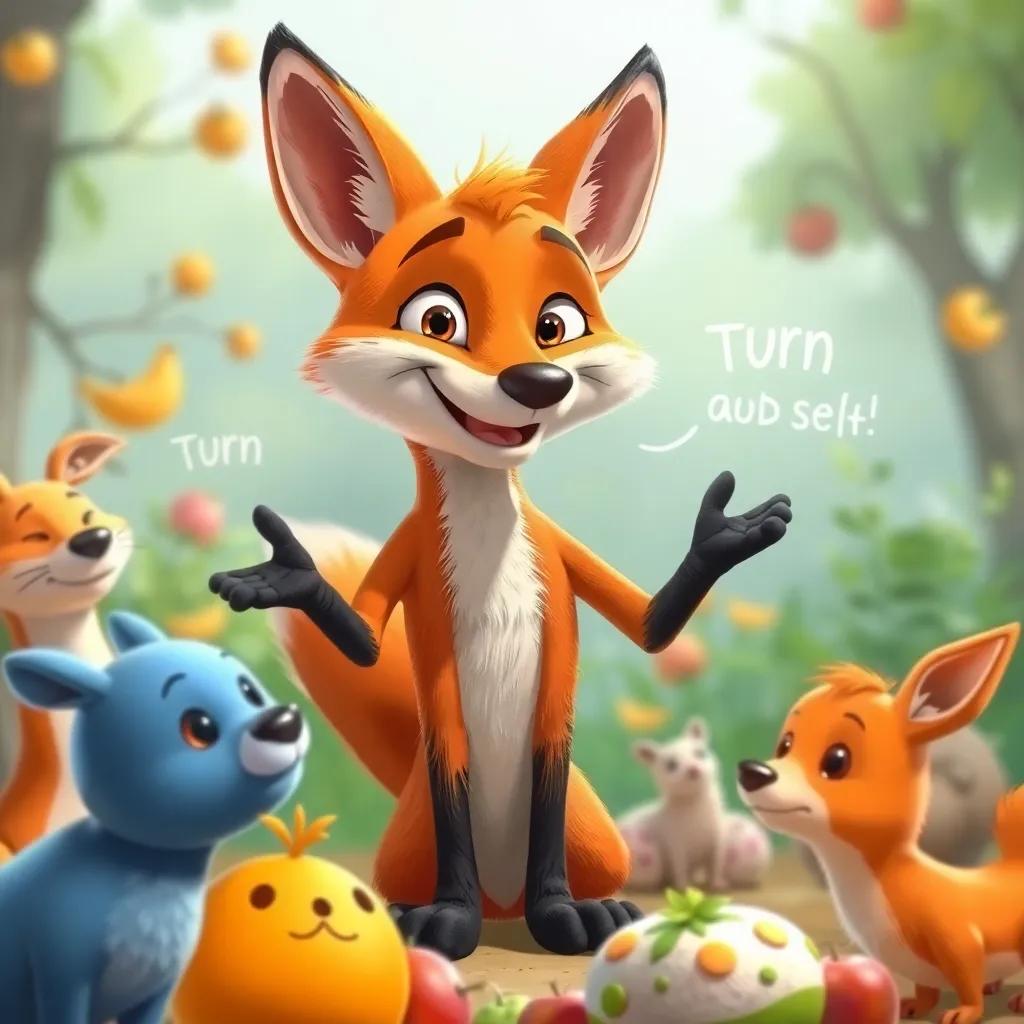 A clever fox smiling, suggesting a turn system for gathering food, looks friendly and clever, surrounded by lively animals, cheerful environment