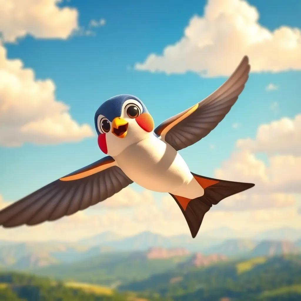 A colorful swallow named Sofía flying high in the sky, scouting for food, with sunny skies and beautiful landscapes below, lively and adventurous, appealing