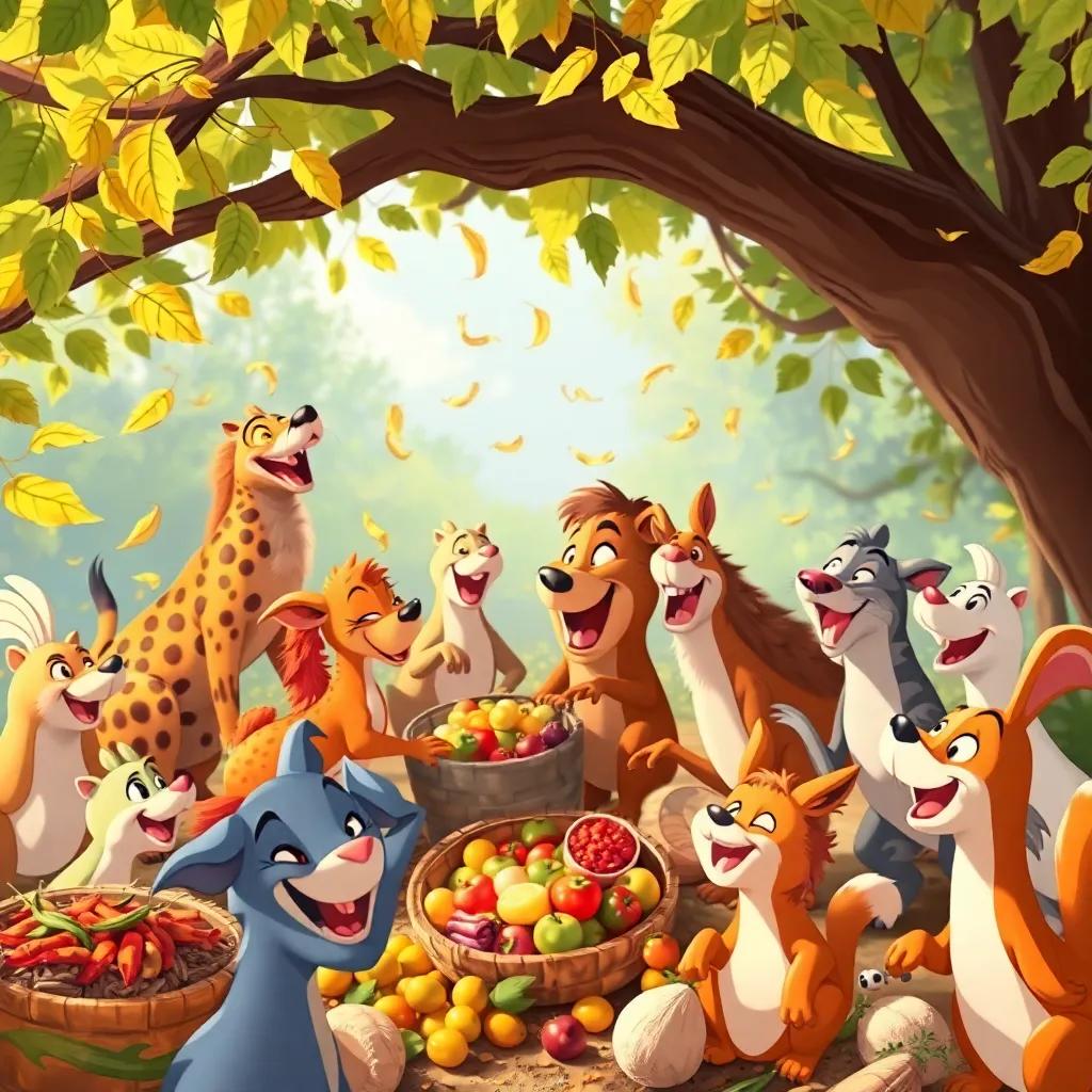 A bustling scene of animals working together, gathering food, laughter and joy all around, leaves rustling in the wind, bright colors, dynamic