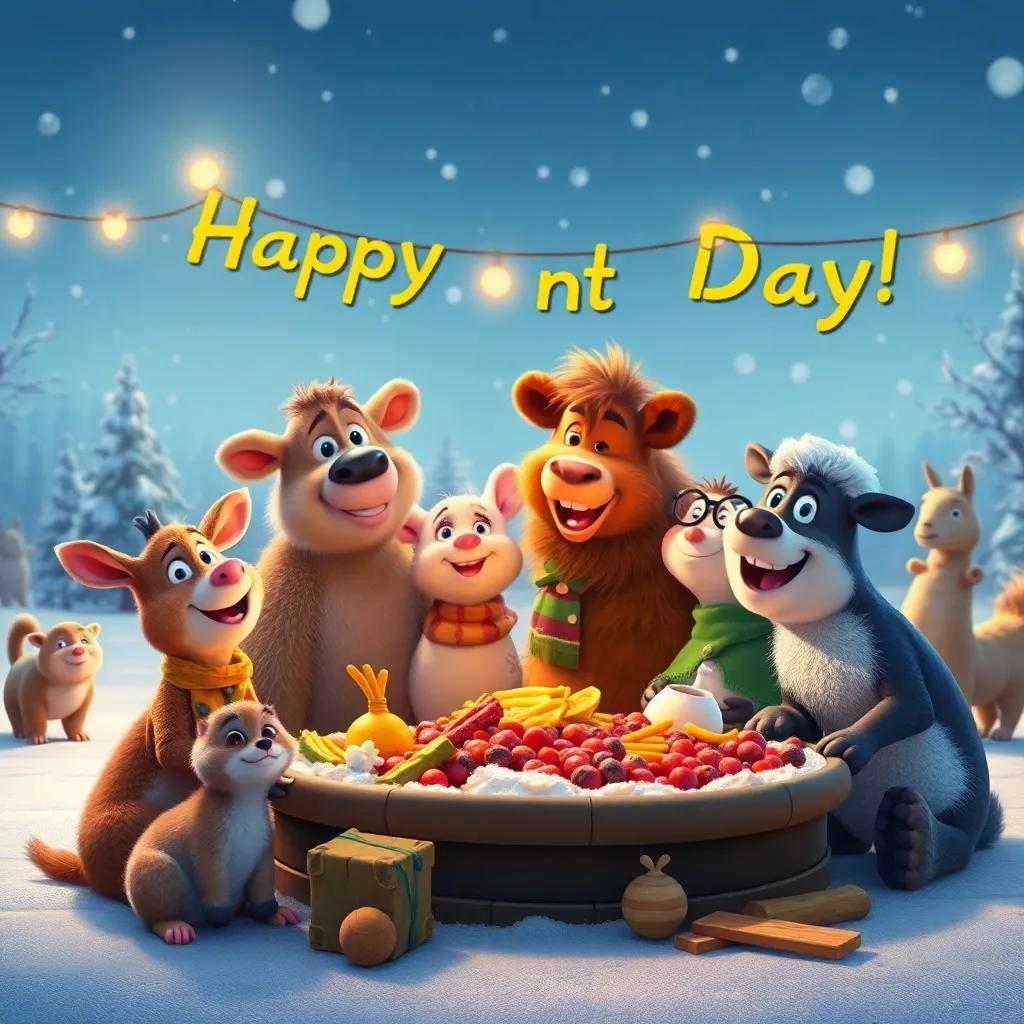 Animals enjoying the winter, surrounded by food and joyful spirits, celebrating their successful collection day, a warm and happy atmosphere, inviting, heartwarming