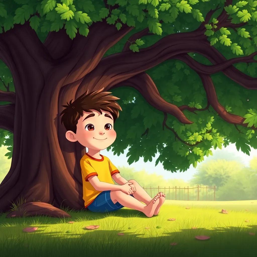 A young boy, Leo, sitting under a large green tree with strong branches, relaxed and peaceful atmosphere, colorful, child-friendly illustration, vibrant colors, high quality