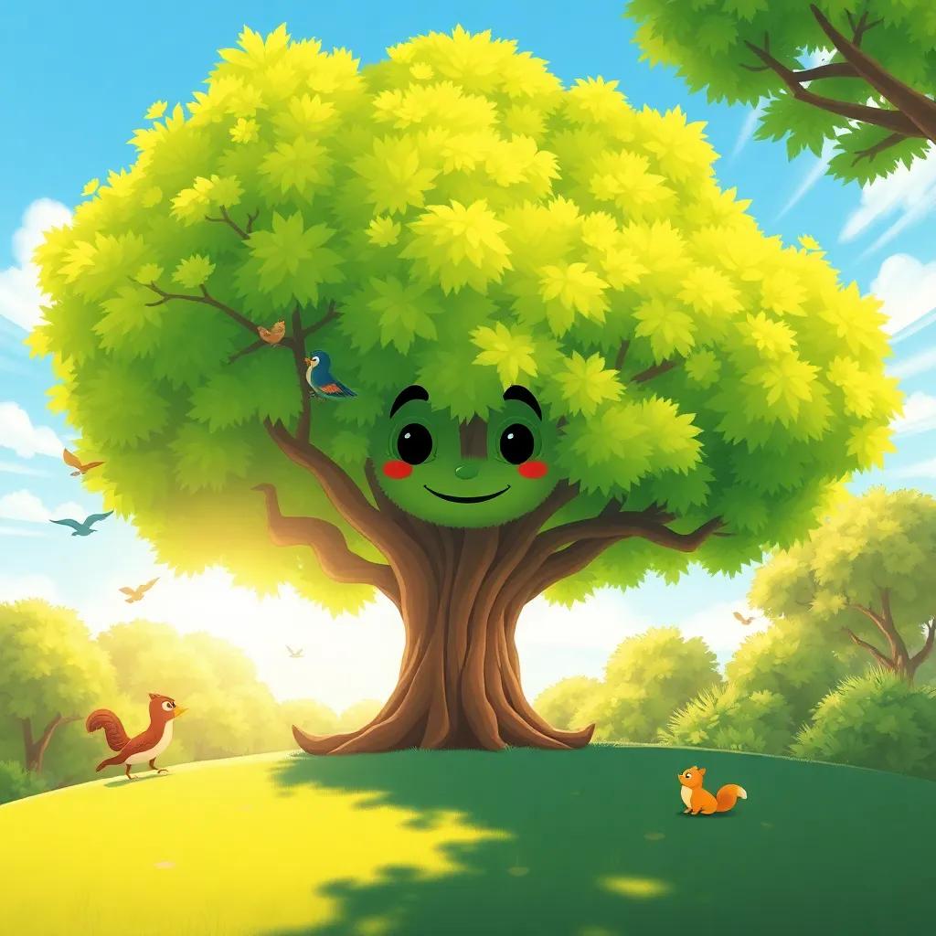 A large tree with lush green leaves and a smiley face, gently swaying in the wind, surrounded by sunlight and playful animals like birds and squirrels, cheerful, bright illustration, high quality