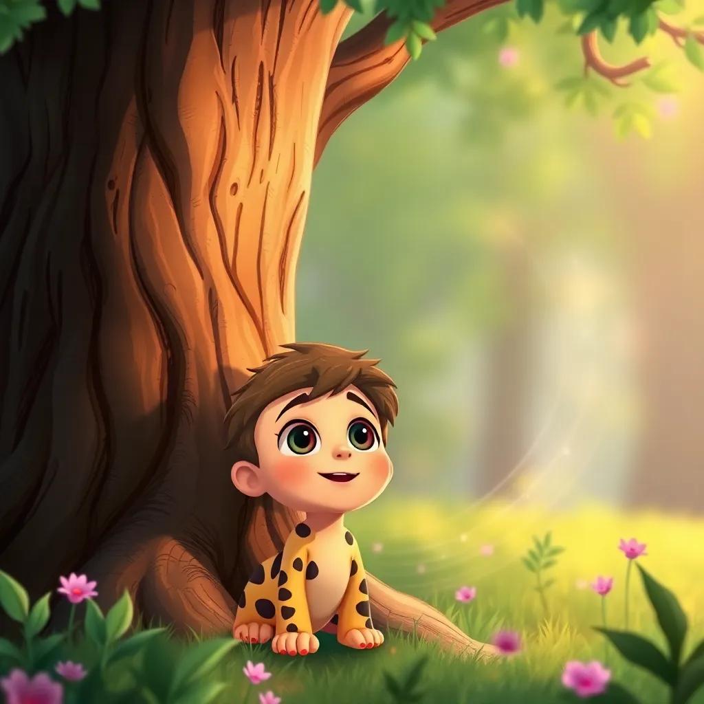 The tree whispering to Leo, with illustrated sound waves around, Leo looking amazed with wide eyes, enchantment in the air, colorful and cheerful scene, high quality