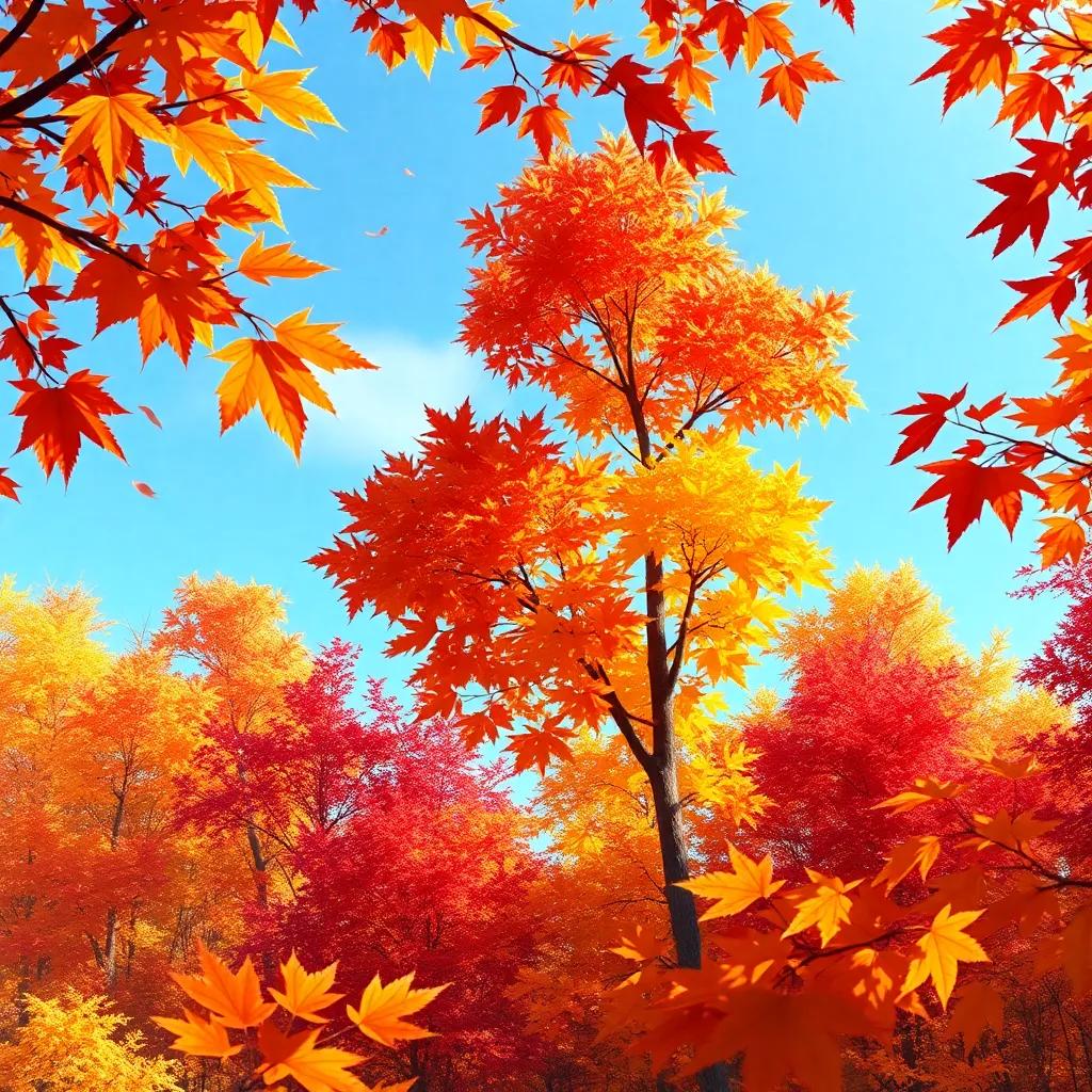 A colorful autumn scene with leaves changing, showcasing warm colors like red, orange, and yellow, Leo imagining the beauty of autumn, vibrant colors, high quality