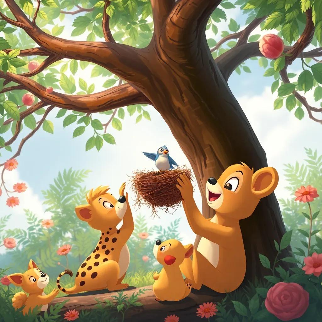 A tiny bird building a nest in the tree's branches while Leo watches with joy, surrounded by nature and happy animals, heartwarming scene, high quality