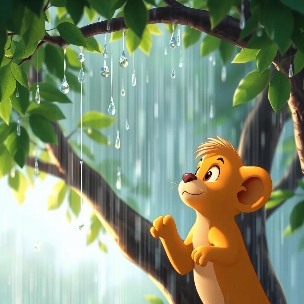 Raindrops falling on the tree, with Leo observing with wonder, showing droplets sparkling in the sunlight, magical and bright atmosphere, high quality