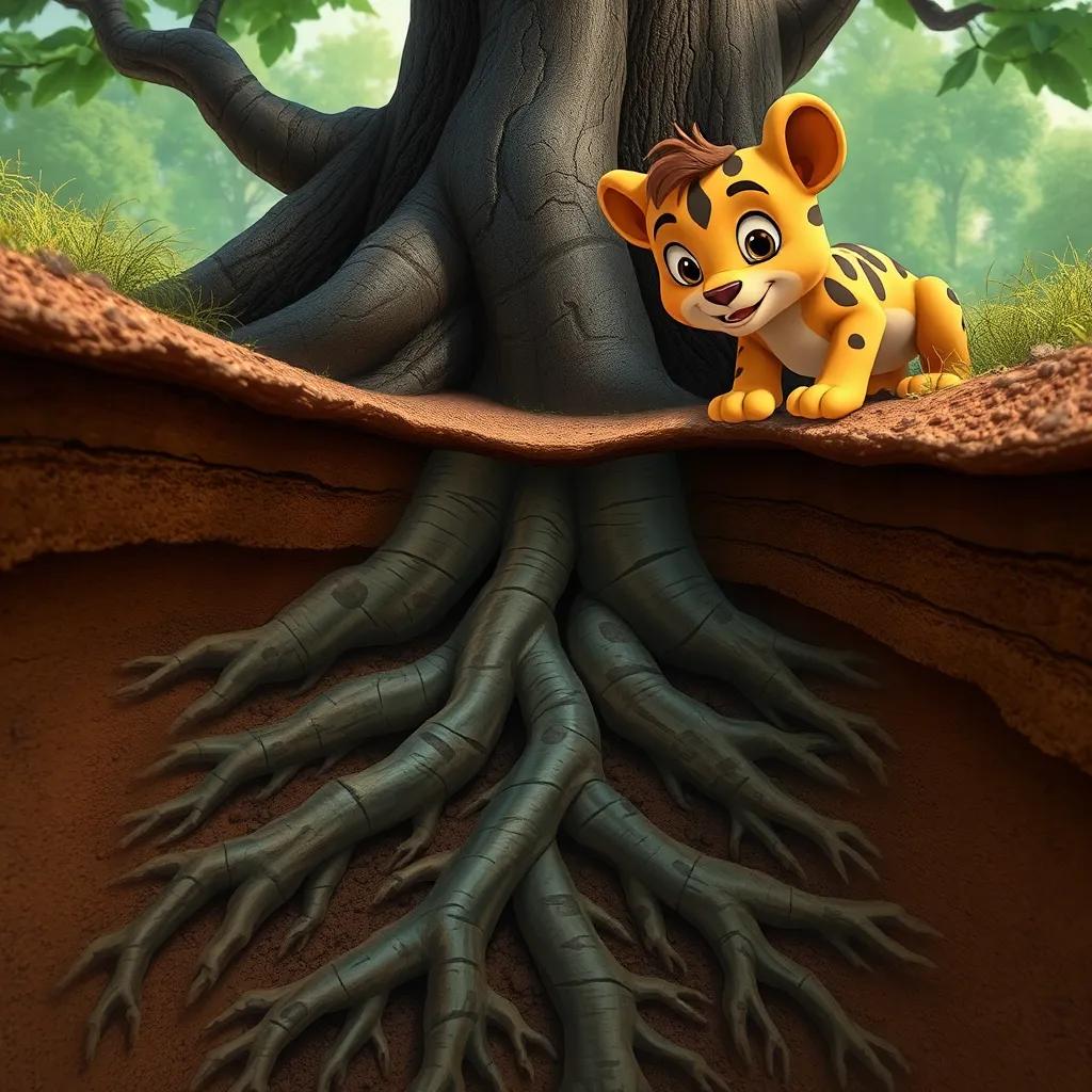 A close-up of the tree's roots extending underground, Leo observing with curiosity, earth tones and layers of soil depicted, interesting and educational scene, high quality