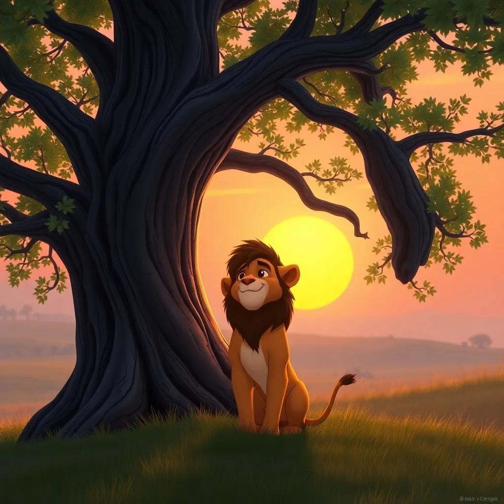 The tree with its branches forming a protective circle around Leo, who looks grateful and respectful, sunset in the background with warm tones, heartwarming scene, high quality