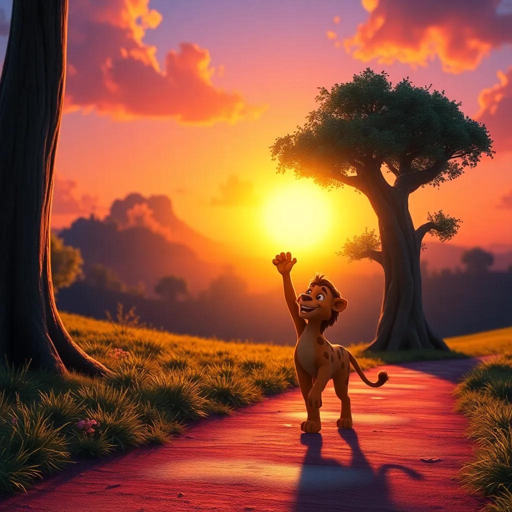 Leo waving goodbye to the tree, walking away with a smile under a warm sunset, reflecting joy and friendship, vibrant and colorful atmosphere, high quality