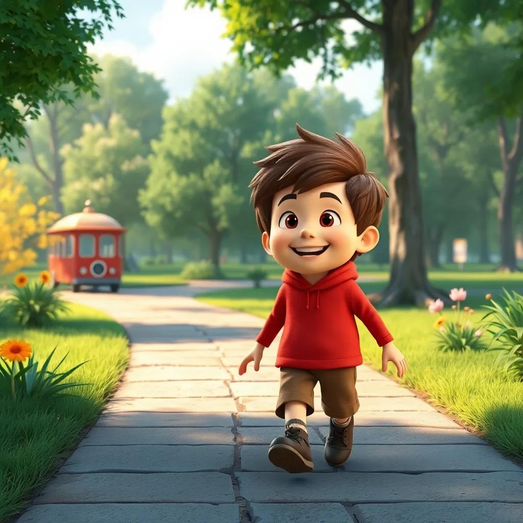 Leo walking home, feeling happy and inspired, with the park in the background and the magic of nature around him, uplifting scene, high quality