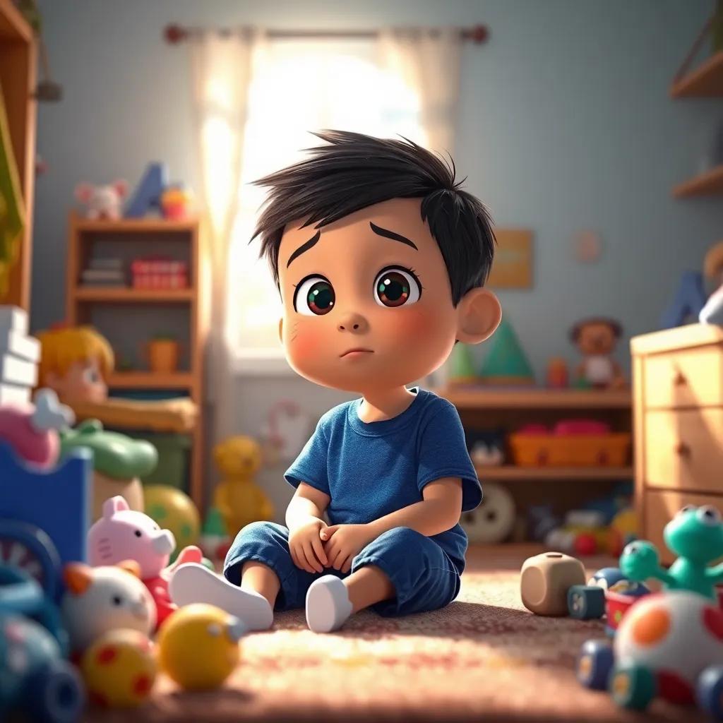Un niño, Mati, con cabello corto y castaño, vestido con una camiseta azul y pantalones cortos, sentado en su habitación llena de juguetes, mirando sorprendido, luz del sol, colores cálidos, ambiente acogedor.