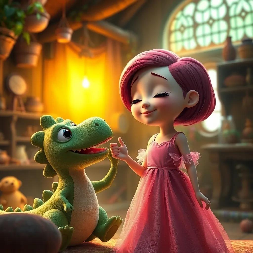 La muñeca Lila, una muñeca de piel clara, con cabello rubio corto vistiendo un vestido rosa, tomando la mano de Mati y sonriendo, junto a un dinosaurio verde feliz llamado Dino, en una habitación mágica iluminada, warm light, busy scene.