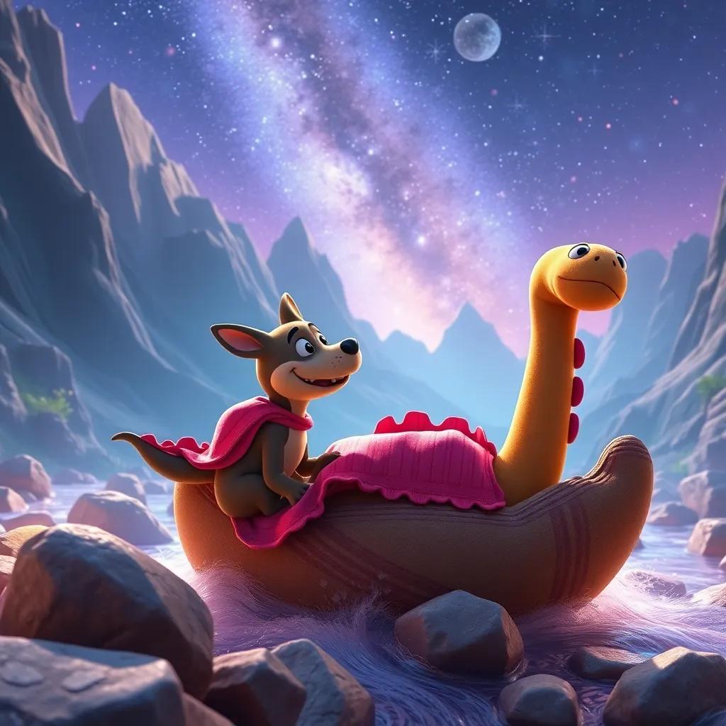 Mati, la muñeca Lila y Dino explorando montañas de almohadas brillantes, cruzando ríos de juguetes, con sonrisas enormes, un ambiente de aventura mágica, bright colors, wonderful sights.