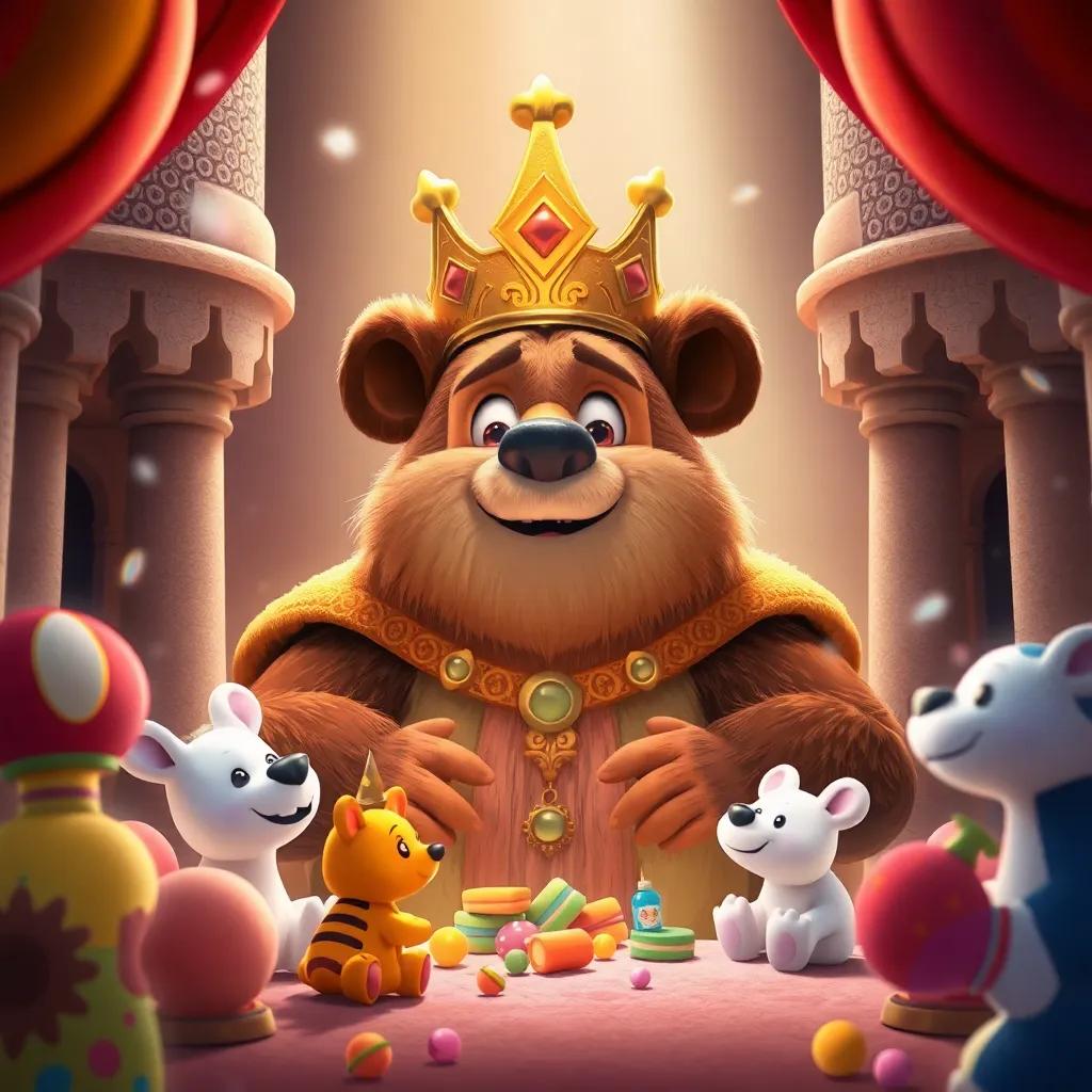 El rey peluche, un gran oso marrón con una corona dorada, sentado en un castillo de juguetes, sonriendo y ofreciendo dulces de colores a Mati y sus amigos, magical atmosphere, inviting setting.