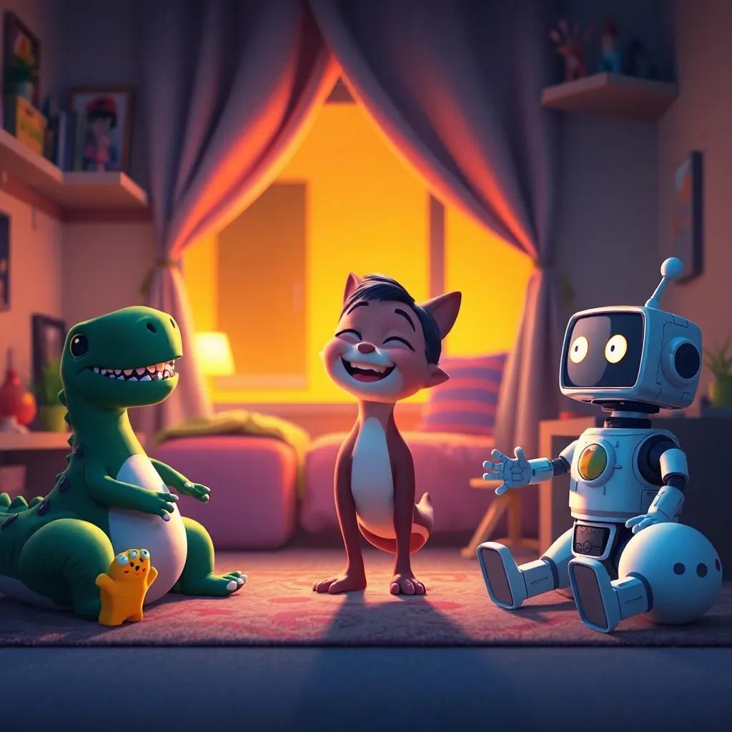 Mati, sonriendo, parado en el centro de su habitación, con juguetes alrededor, como un dinosaurio, una muñeca y un robot, todos felices al atardecer, soft lighting, joyful scene.