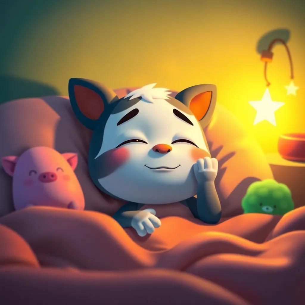 Mati, sentado en su cama, con los ojos cerrados y una gran sonrisa, mientras sus juguetes lo rodean en un halo mágico de luz, inviting atmosphere, cute and cheerful imagery.