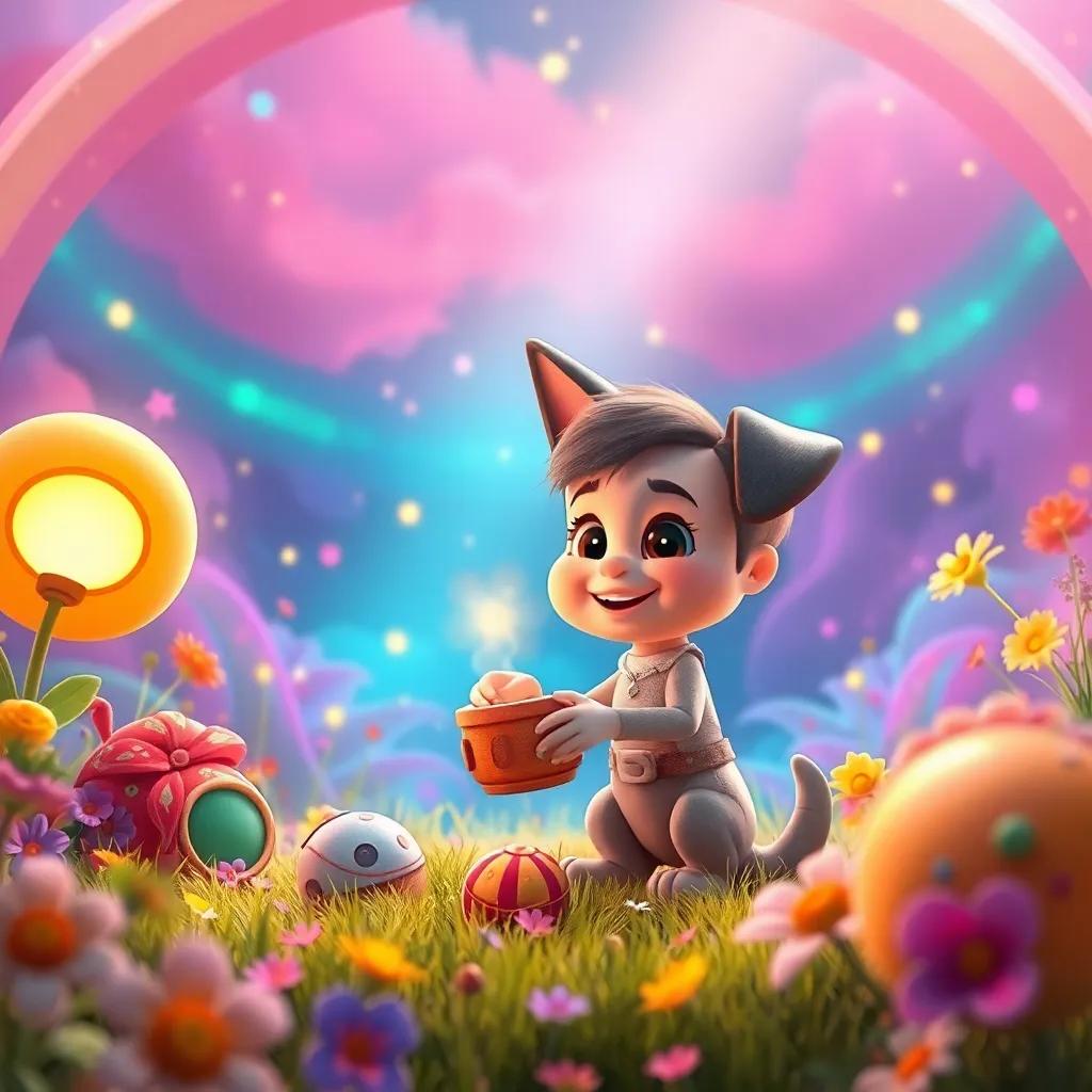 Mati jugando entre sus juguetes en un mundo imaginario de sueños brillantes, lleno de arco iris y flores, un fondo mágico lleno de color, vibrant scenery, dreamy landscape.