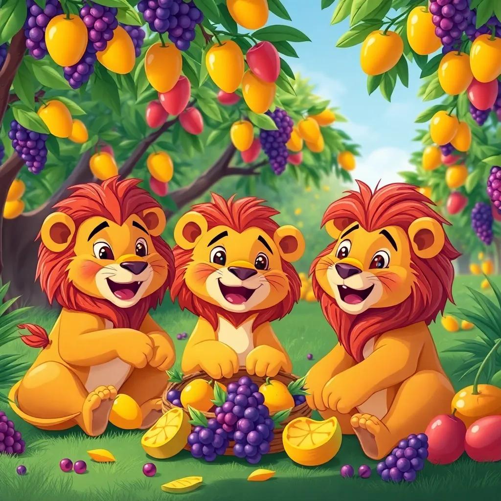 Leones felices, recogiendo frutas como mangos, piñas y uvas, en un campo lleno de árboles frutales, colorido y vibrante, ilustración, alegre, amigable, alta calidad