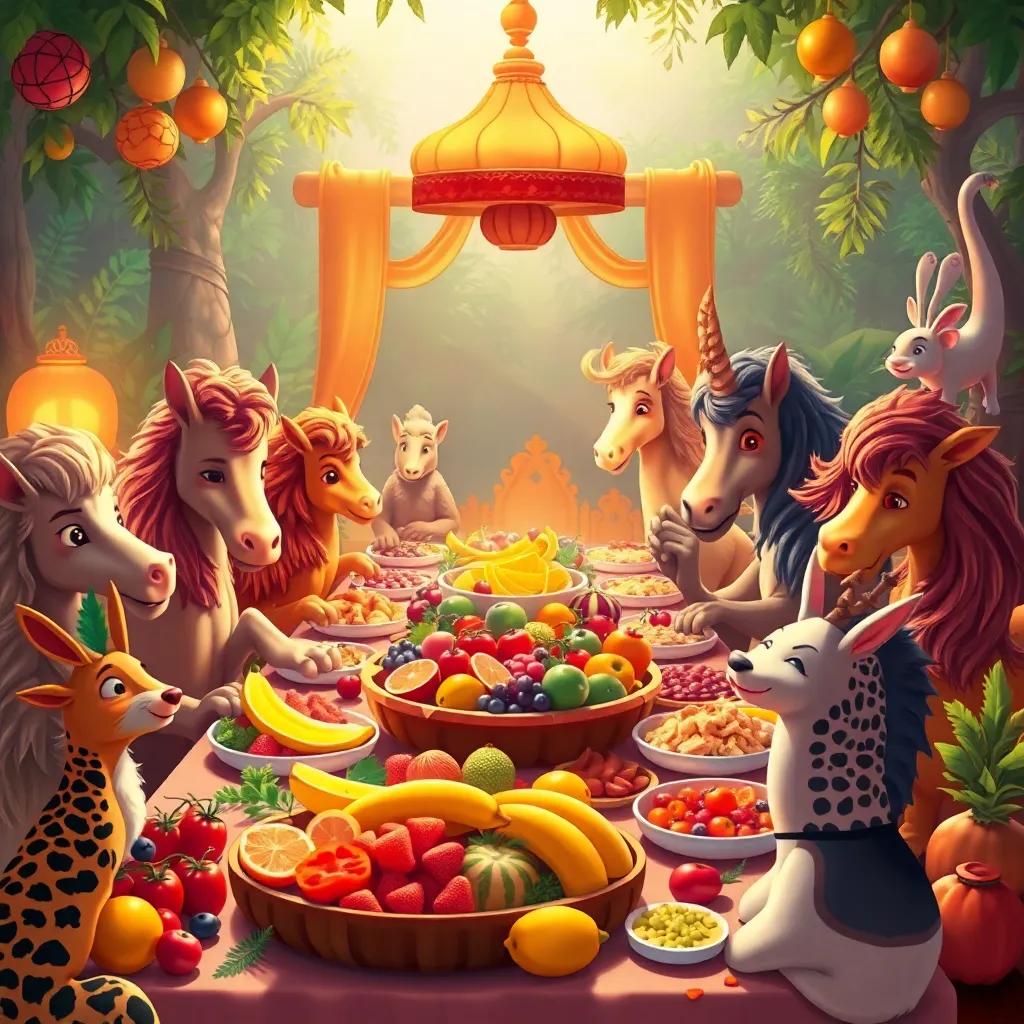 Un gran banquete de frutas y verduras con leones y otros animales de la selva, como conejos y jirafas, todos disfrutando, en un ambiente de fiesta, ilustración, colorido, vibrante