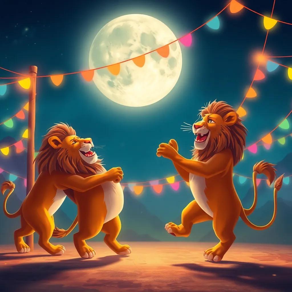 Leones bailando alegremente bajo la luna llena, con luces de fiesta y banderas de colores alrededor, en un ambiente festivo, ilustración, mágica, colorida, alta calidad