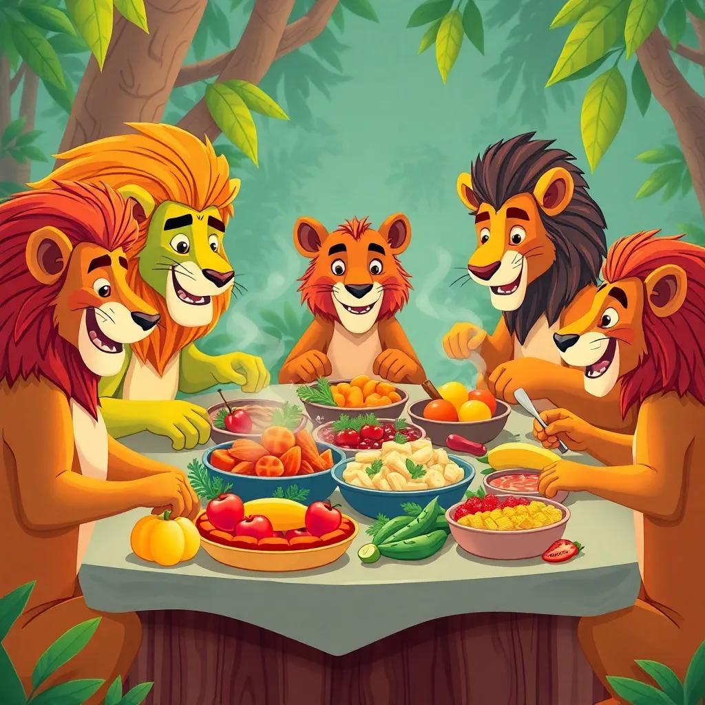 Leones y animales de la selva cocinando juntos, usando frutas y verduras, en una gran mesa llena de comida deliciosa, vibrante y alegre, ilustración, amigable, colorida, alta calidad