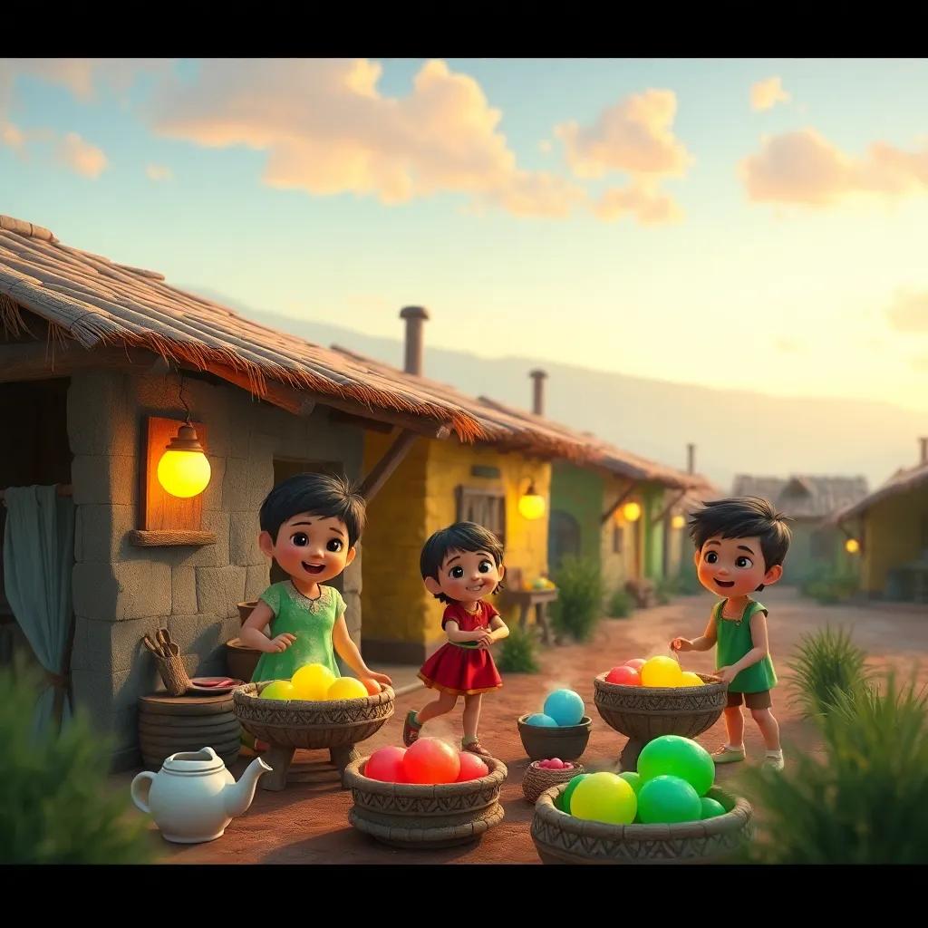 Un pueblo soleado con niños emocionados preparando cometas de muchos colores: rojas, verdes, azules y amarillas, en un ambiente feliz y alegre.