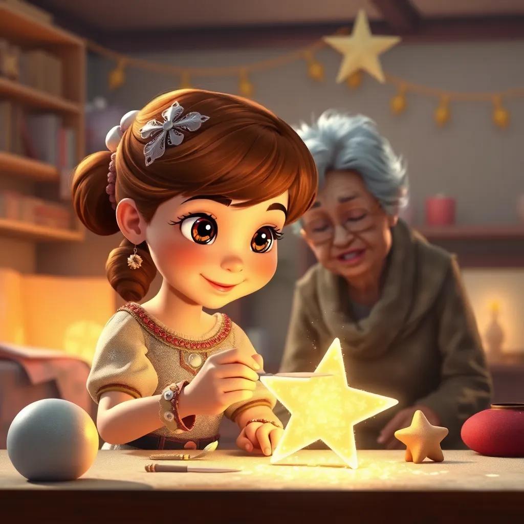Sofía, una niña con cabello castaño y ojos brillantes, cortando papel brillante para hacer su cometa en forma de estrella, con su abuela sonriendo al fondo, en un taller hogareño.