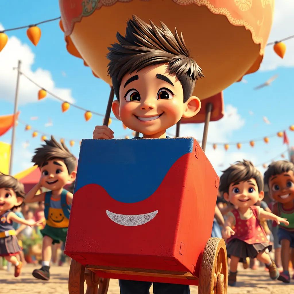 Juan, un niño con cabello rizado y sonrisa amplia, sosteniendo un cartón gigante pintado con una cara sonriente, mientras otros niños ríen alrededor, en un día de festival.