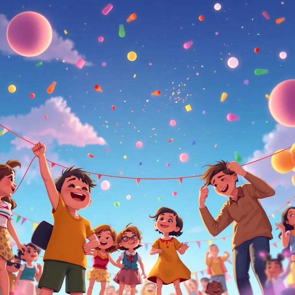 El día del festival, un cielo claro con cometas de diferentes colores volando alto, niños riendo y padres sosteniendo hilos, lleno de diversión y alegría.