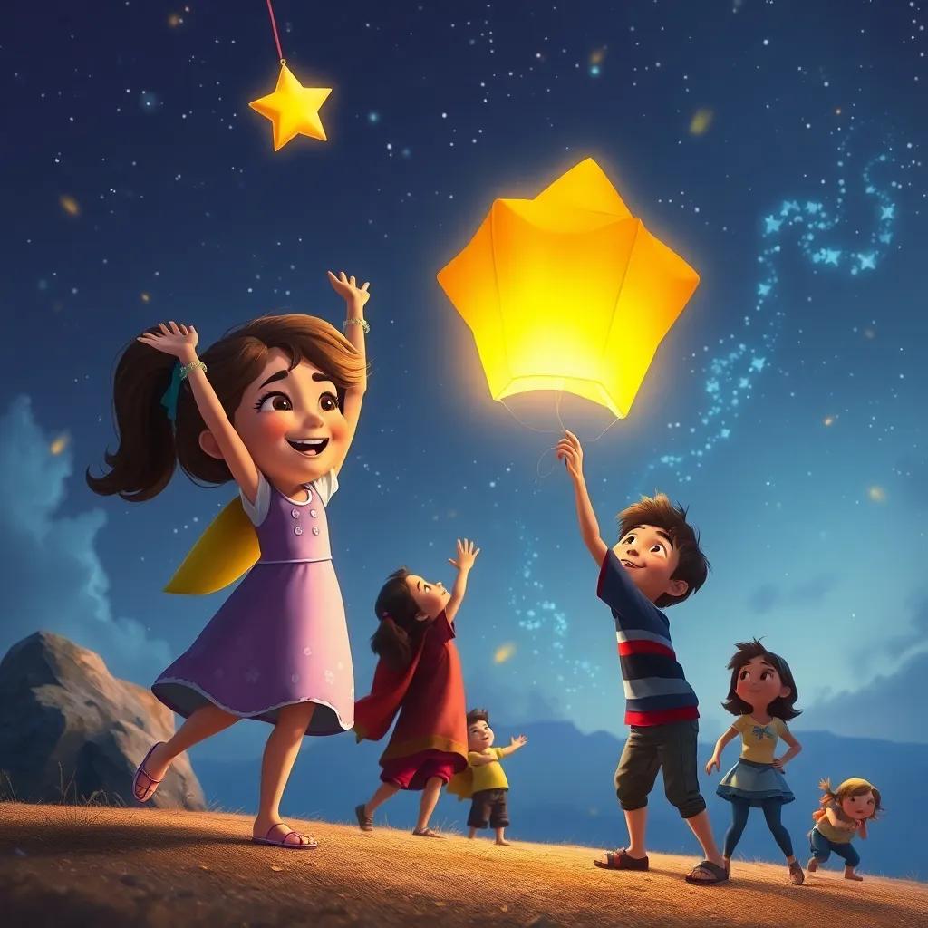 Sofía levantando su cometa estrella, gritando felizmente, mientras Juan intenta elevar su cometa gigante, con otros niños animándolos, en un ambiente de competencia amistosa.