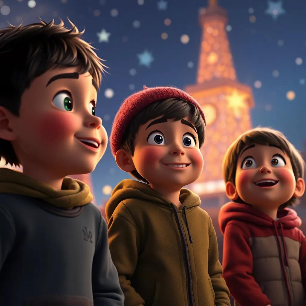 Los niños mirando asombrados cuando las cometas se enredan, con expresiones de sorpresa y alegría, en un momento divertido del festival.