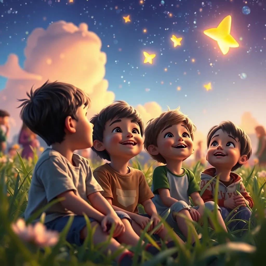 Los niños sentados en la hierba al final del festival, mirando al cielo donde vuelan sus cometas, con sonrisas y expresiones de felicidad, disfrutando de su tiempo juntos.