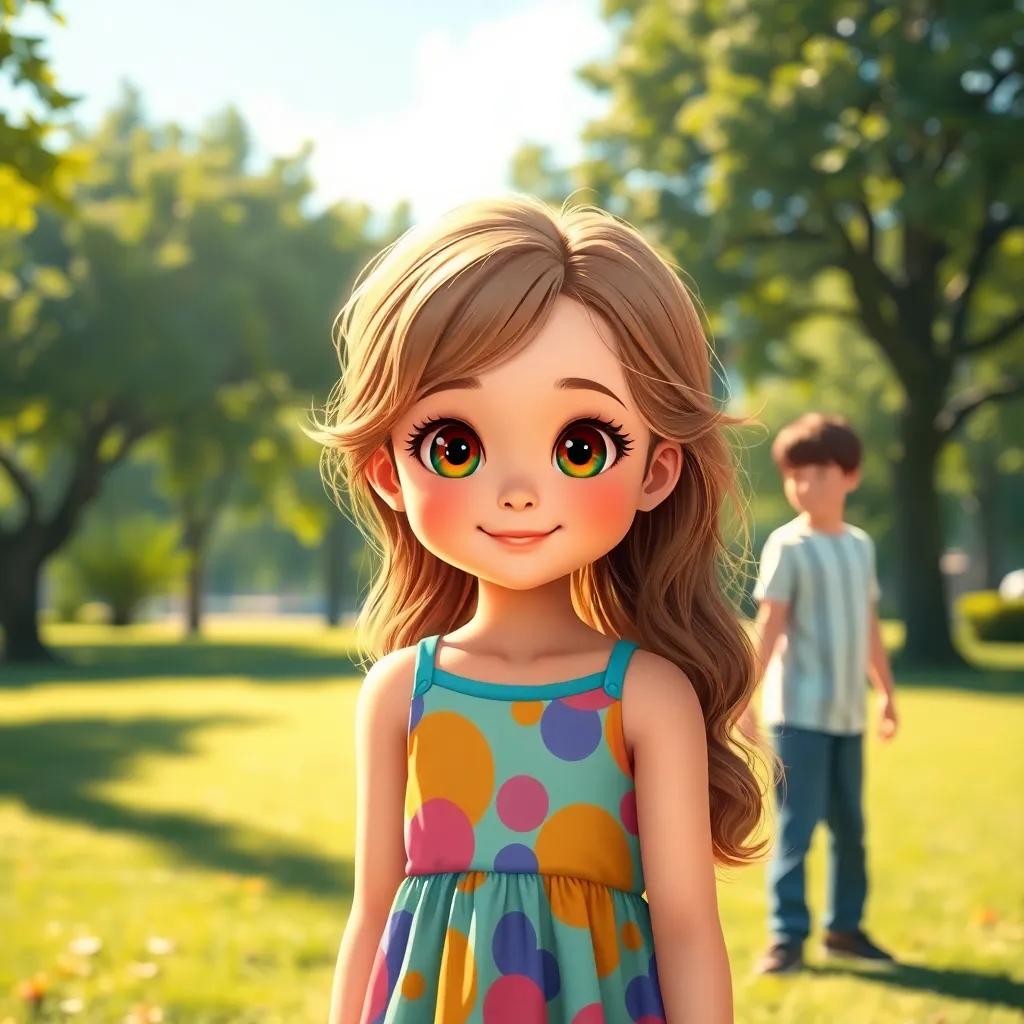 A young girl, Mia, with big sparkling eyes and long, wavy hair, wearing a colorful dress, standing in a park with two boys arguing in the background, joyful atmosphere, sunny day, bright colors, child-friendly