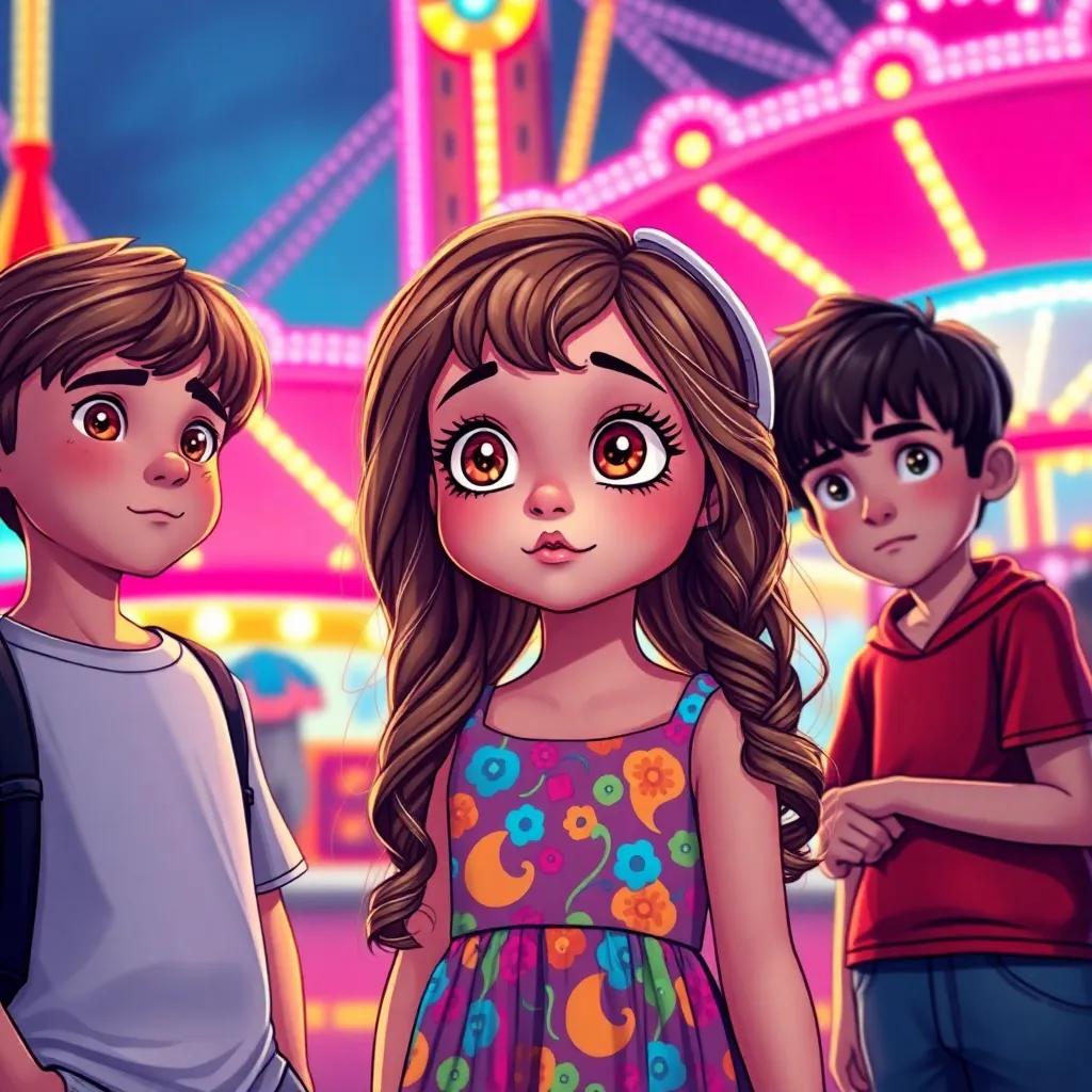 Mia, a young girl with big sparkling eyes and long, wavy hair in a colorful dress, looking curiously at the two boys, one playful and one serious, standing in front of a fairground with lights and rides, vibrant colors, engaging and friendly atmosphere